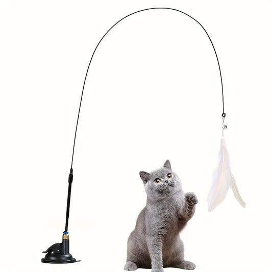 Interactive Cat Teaser Wand with Bell & Feather, Long Suction Cup Pole Toy for Indoor Cats Playtime